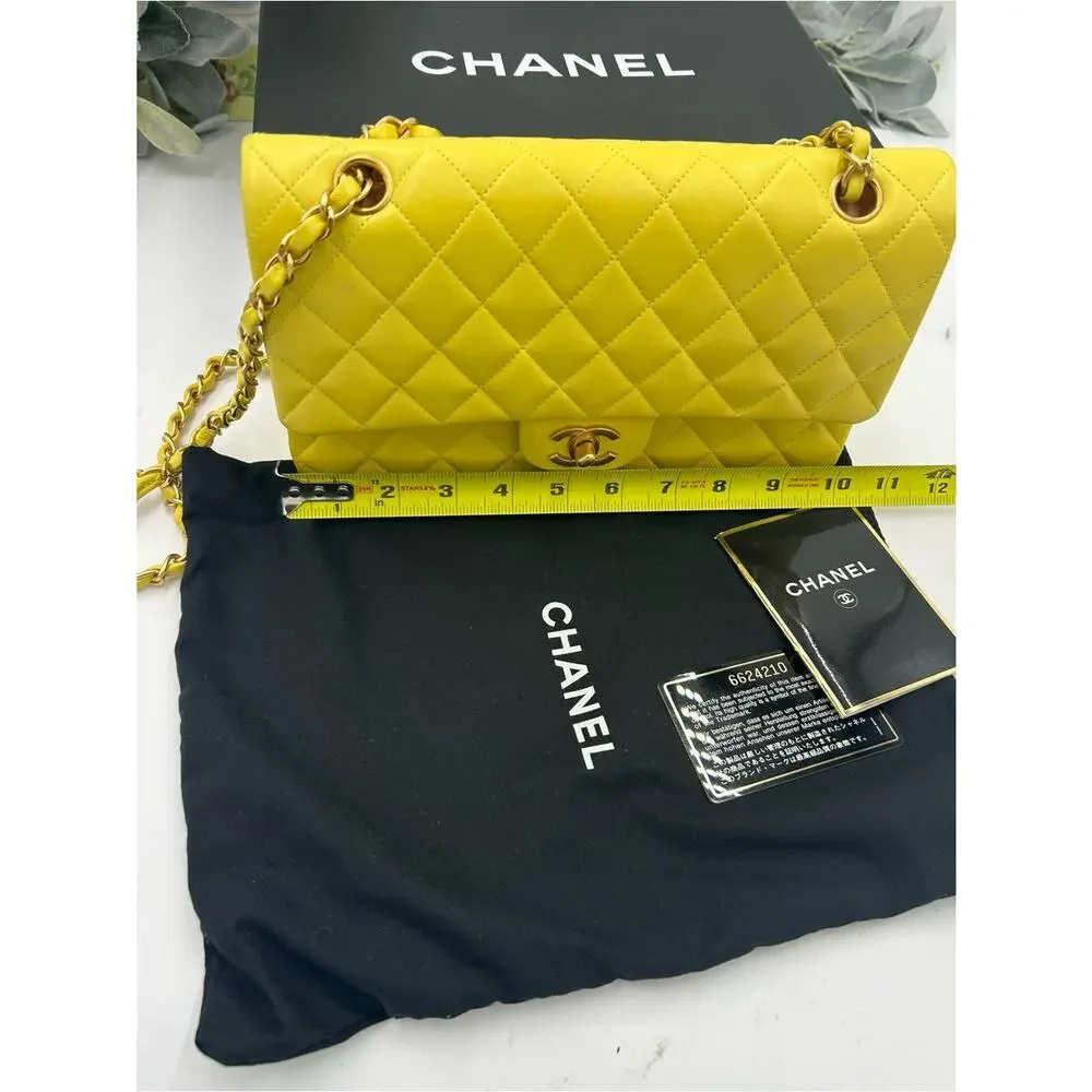 Women's Chanel Classic Quilted double Flap Bag in Yellow with Gold Hardware